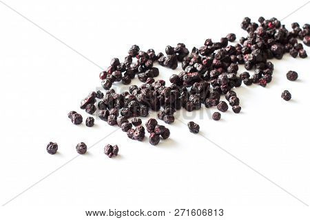 Freeze Dried Blueberries On A White Background. Lyophilization. Food For Astronauts