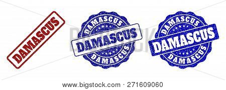 Damascus Grunge Stamp Seals In Red And Blue Colors. Vector Damascus Labels With Distress Style. Grap