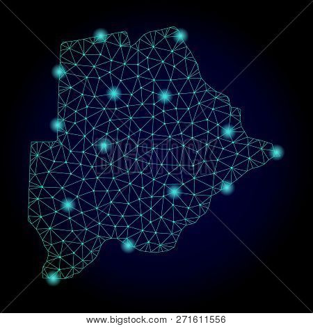 Glossy Polygonal Mesh Map Of Botswana. Abstract Mesh Lines, Triangles, Light Spots And Points On Dar