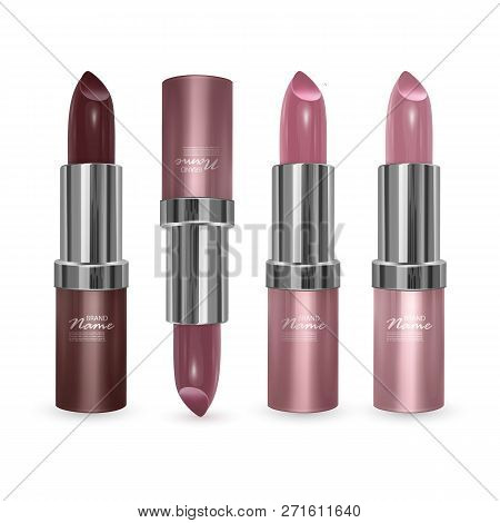 Set Of Lipsticks Of Colors From Brown To Bodily, Lipsticks On Transparent Background, Vector Eps 10 