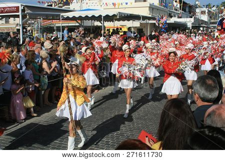 Paphos, Cyprus, March 12th, 2016: Traditional Carnival Parade, A Group Of Drum Major Girls In Bright