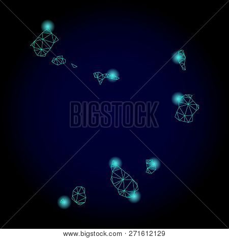 Glossy Polygonal Mesh Map Of Cape Verde Islands. Abstract Mesh Lines, Triangles, Light Spots And Poi
