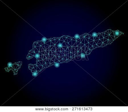 Glossy Polygonal Mesh Map Of East Timor. Abstract Mesh Lines, Triangles, Light Spots And Points On D