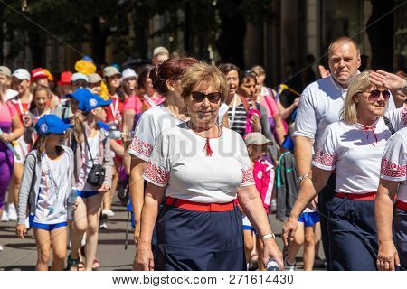 Prague, Czech Republic - July 1, 2018: People Parading At Sokolsky Slet, A Once-every-six-years Gath