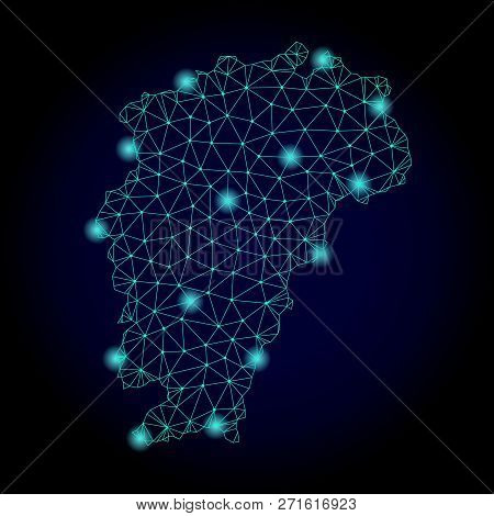 Glossy Polygonal Mesh Map Of Jiangxi Province. Abstract Mesh Lines, Triangles, Light Spots And Point