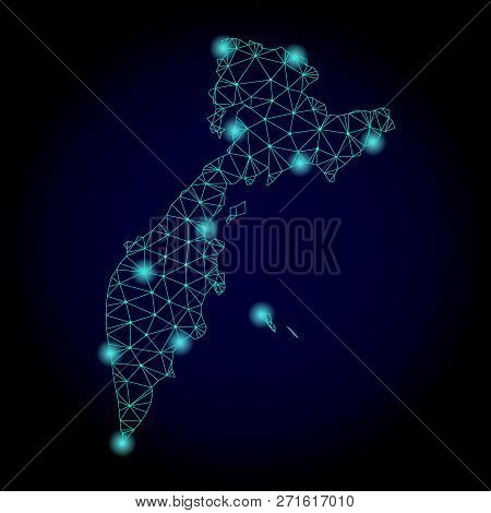 Glossy Polygonal Mesh Map Of Kamchatka Peninsula. Abstract Mesh Lines, Triangles, Light Spots And Po