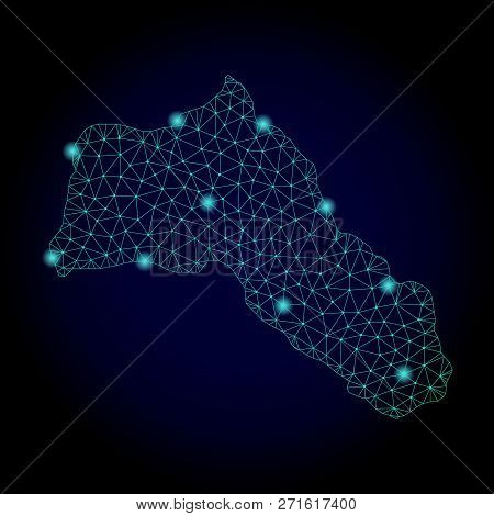 Glossy Polygonal Mesh Map Of Kurdistan. Abstract Mesh Lines, Triangles, Light Spots And Points On Da