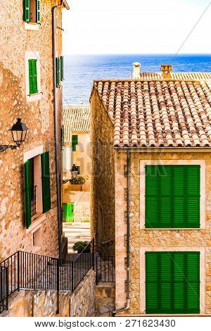View Of Houses In Banyalbufar Village On Majorca Island, Spain