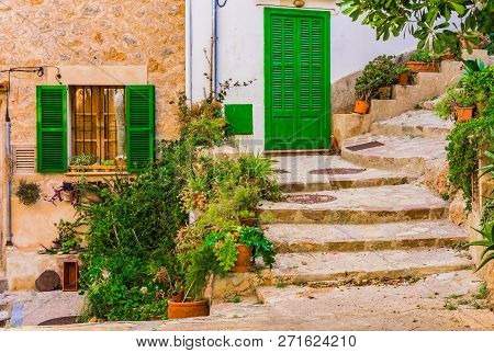 Typical Houses At The Old Village Of Banyalbufar On Majorca Island, Spain Mediterranean Sea