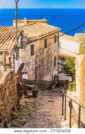 Old Village Of Banyalbufar On Majorca Island, Spain Mediterranean Sea