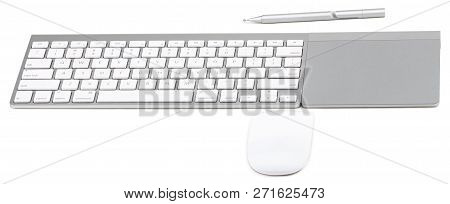 Computer Keyboard Trackpad And Stylus  Isolated On White Background