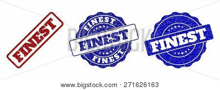 Finest Grunge Stamp Seals In Red And Blue Colors. Vector Finest Labels With Grainy Effect. Graphic E