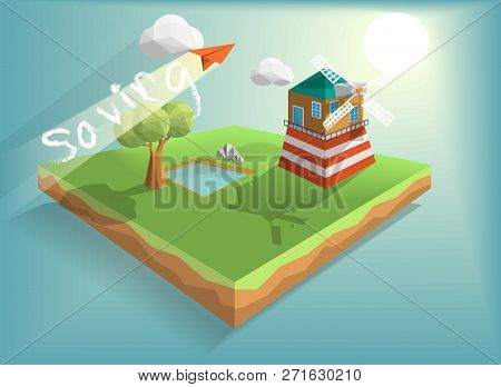 Wind Turbine House Isometric,with Tree And Cloudy Low Poly Design And Sunset Blue Sky Background, Ec