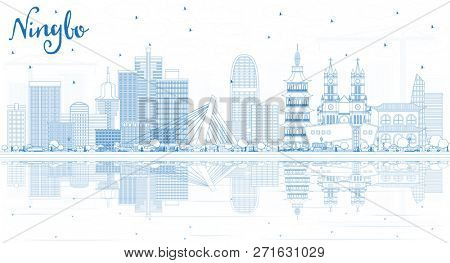 Outline Ningbo China City Skyline with Blue Buildings and Reflections. Business Travel and Tourism Concept with Historic Architecture. Ningbo Cityscape with Landmarks.