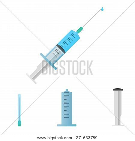 Medical Syringe With Liquid And Droplet On . Parts Of Syringe: Needle, Syringe Barrel, Plunger, Cap,