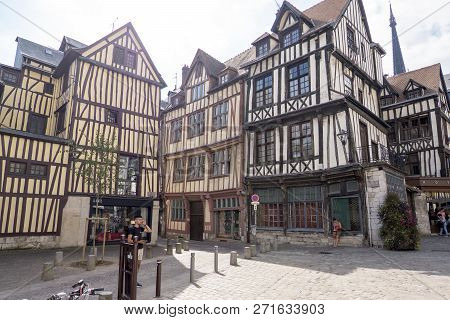 Rouen, France - August 15, 2018: Old Houses In The Tourist Center Of Rouen, Built In The Traditional