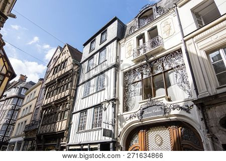 Rouen, France - August 15, 2018: Old Houses In The Tourist Center Of Rouen, Built In The Traditional