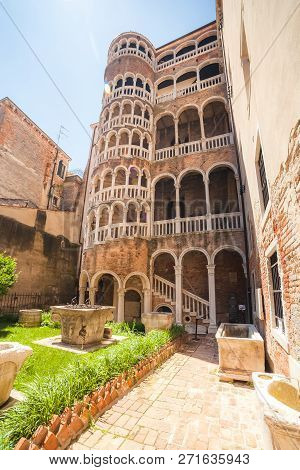 Venice, Italy - June 15, 2016: Palace Contarini Del Bovolo, Beautiful Spiral Staircase In Gothic Sty