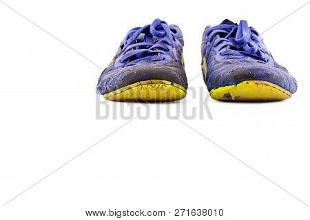 Old  Worn Out Dirty Blue Futsal Sports Shoes  On White Background Football Sportware Object Isolated