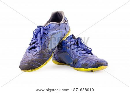 Old Used  Blue Worn Out Futsal Sports Shoes  On White Background Soccer Sportware Object Isolated