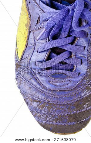 Close Up Old Shoelace Futsal Shoes On White Background Soccer Sportware Object Isolated