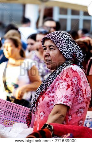 Turkish Woman Is Selling Food At Bazaar - Teos, Seferihisar, Izmir, Tureky, 16th July 2017