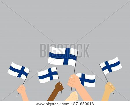 Vector Illustration Hands Holding Finland Flags On Gray Background