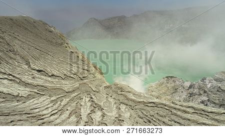 Aerial View Mountain Landscape With Crater Acid Lake Kawah Ijen Where Sulfur Is Mined. Sulfur Gas, S