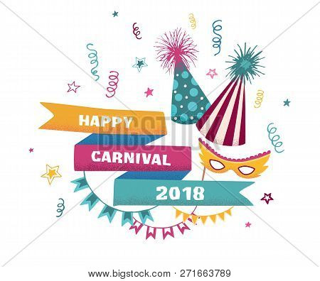 Happy Carnival 2018 Banner Template With Funfair Symbols Isolated On White Background. Vector Colorf