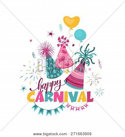 Happy Carnival  Banner Template With Carnaval Symbols Isolated On White Background. Vector Colorful 