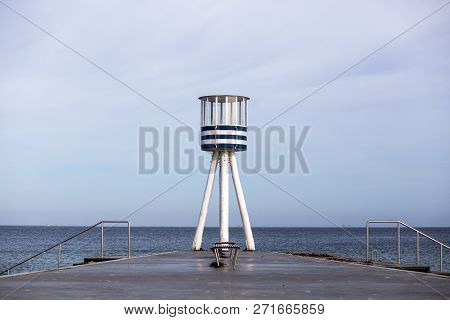 Klampenborg, Denmark - March 25, 2017: Blue And White Stripped Lifeguard Tower At Bellevue Beach