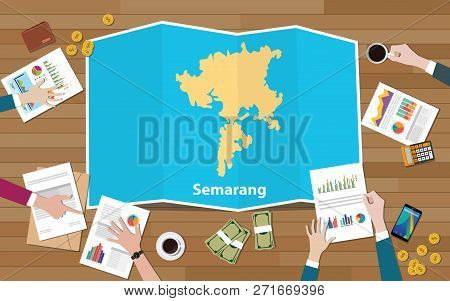 Semarang Indonesia Java City Region Economy Growth With Team Discuss On Fold Maps View From Top Vect