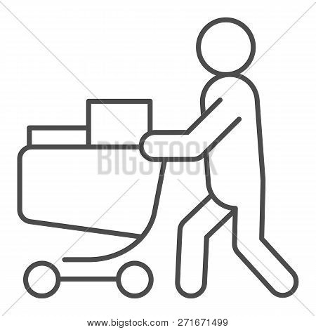 Buyer With Full Cart Thin Line Icon. Person With A Full Grocery Cart Vector Illustration Isolated On
