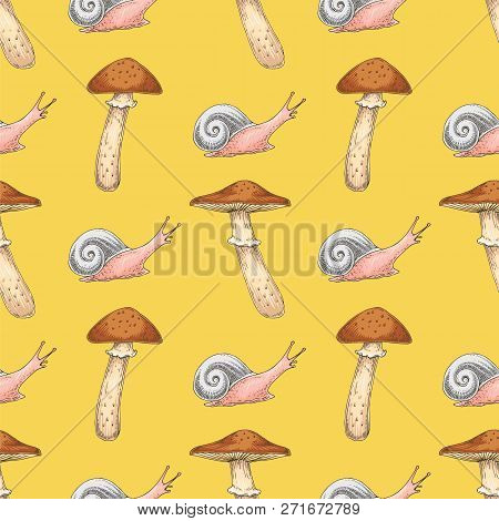 Honey Agaric. Edible Mushroom And Snails Seamless Pattern