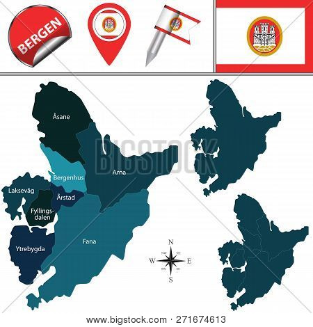 Vector Map Of Bergen, Norway With Named Boroughs And Travel Icons