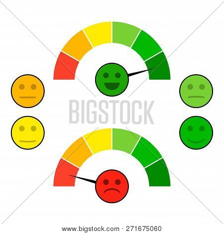 Color Indicator Arrow With Face Mood. Credit Score Good And Bad, Gauge Spectrum Indices. Vector Illu