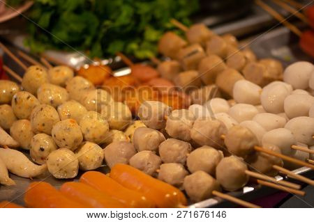 Skewers Display Thai Street Food Background Pork And Chicken Meatballs