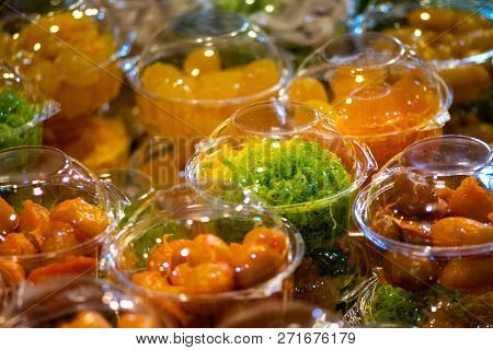 Cups Filled With Colorful Sweets Thai Street Food Background