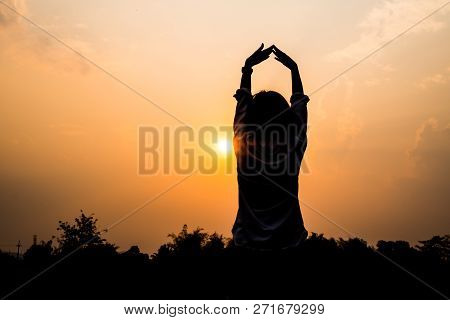 People Freedom Style Concept : Silhouette Of Asian Young Woman Relaxing, Strong Confidence Open Her 
