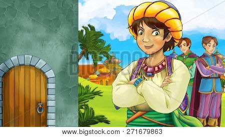 Cartoon Scene With Medieval Arabic Kingdom Prince Or King Traveling Near Wooden Door Entrance - Far 