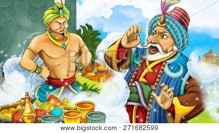 Cartoon Scene With Medieval Arabic Kingdom Prince Or King Traveling Near Wooden Door Entrance - Far 