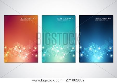 Vector Template For Cover Or Brochure, With Molecules Background And Neural Network. Abstract Geomet