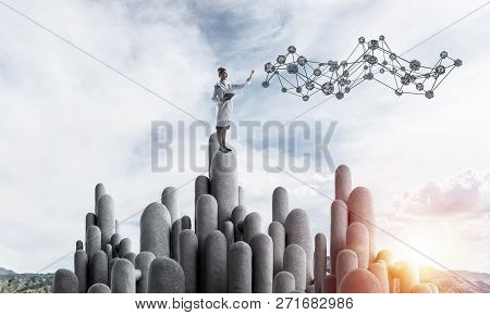 Young Female Doctor With Folder In Hands Satnding On Stone Column. 3d Rendering
