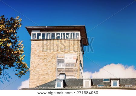 Town Hall With Town Hall Tower In Velbert, Nrw Germany Against Blue Sky.