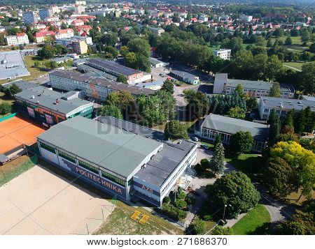 Koszalin, Poland - 13 September 2018 - Aerial view on Politechnika Koszalinska College building complex in Koszalin city, Raclawicka street area.