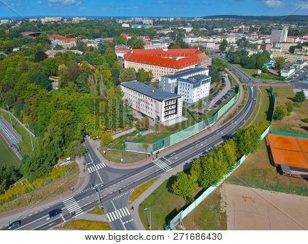 Koszalin, Poland - 13 September 2018 - Aerial view on Art School Plastyk building in Koszalin city, Raclawicka street area.