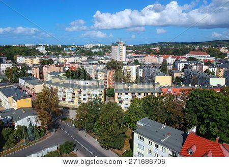 Koszalin, Poland - 13 September 2018 - Aerial view on Zwiazkowiec high building in Koszalin city, Zwyciestwa street area.