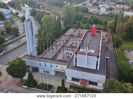 Koszalin, Poland - 13 September 2018 - Aerial view on Catholic Church at Monte Cassino street