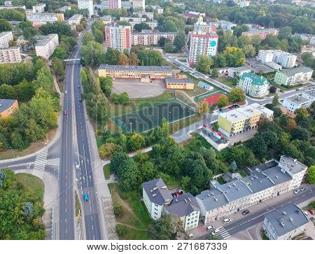 Koszalin, Poland - 13 September 2018 - Aerial view on Primary School with football court, Monte Cassino street area