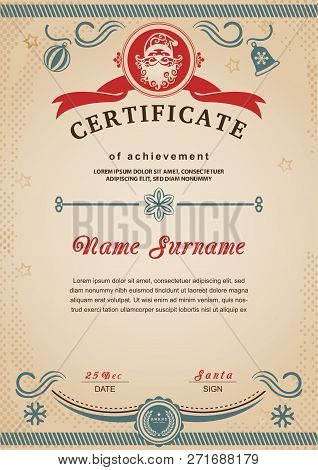 Chrismtas Old Fairytale Certificate. Santa Claus Stamp, Vintage Border.